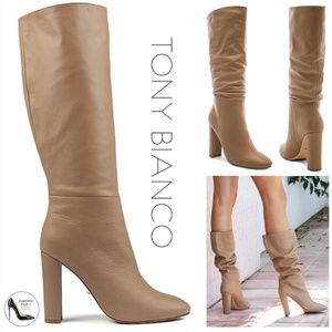 TONY BIANCO Jester Tan Brown Leather Camel Denver Almond Toe Heeled Boots